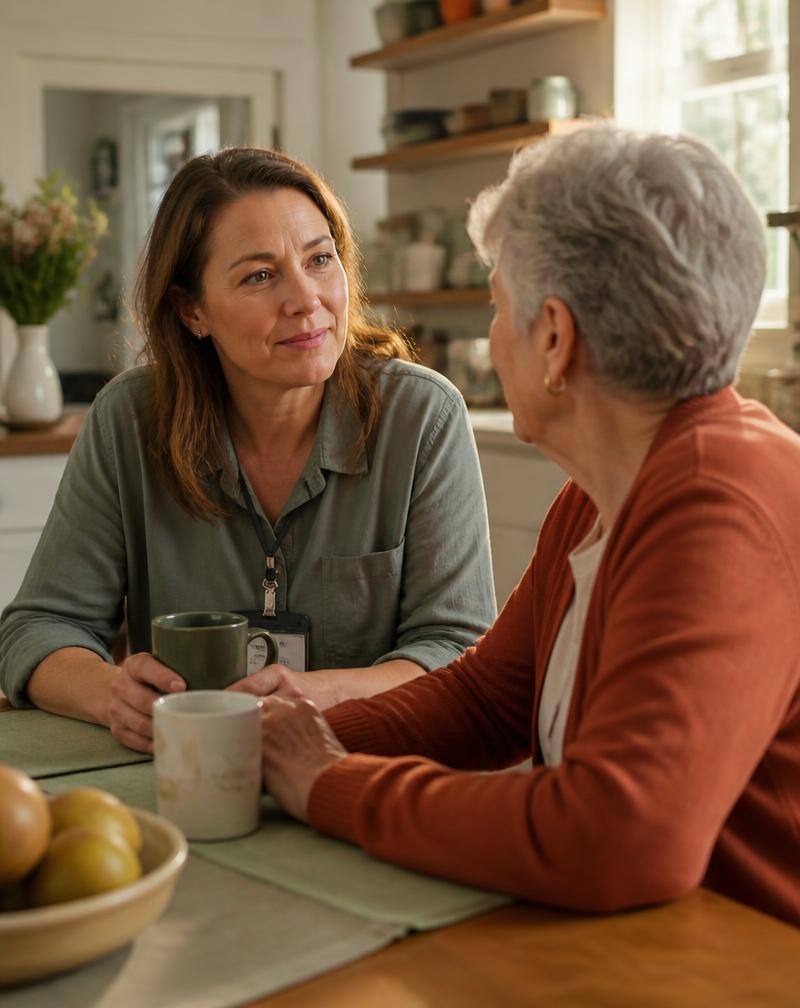 Profesional sociosanitaria conversando con una mujer mayor en la mesa de su casa